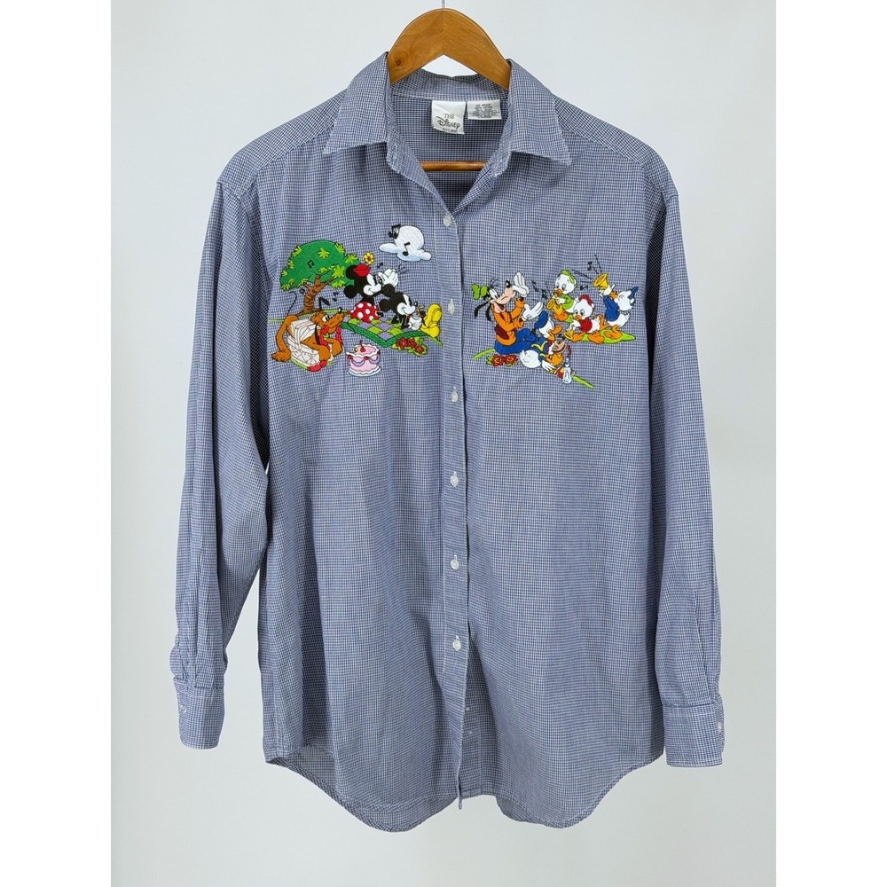 Vintage Disney Store Shirt Mens L Blue Gingham Mickey Friends Picnic 90s